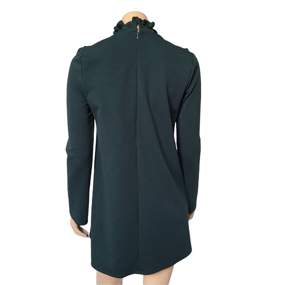 ZARA Dark Green High Ruffle Neck Shift Dress M - Picture 3 of 6